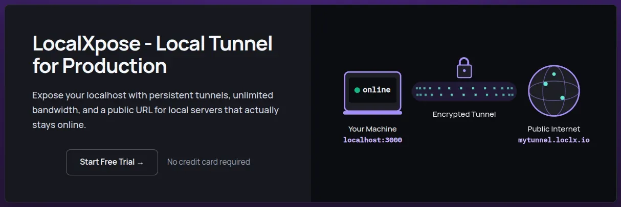 LocalXpose local tunnel dashboard