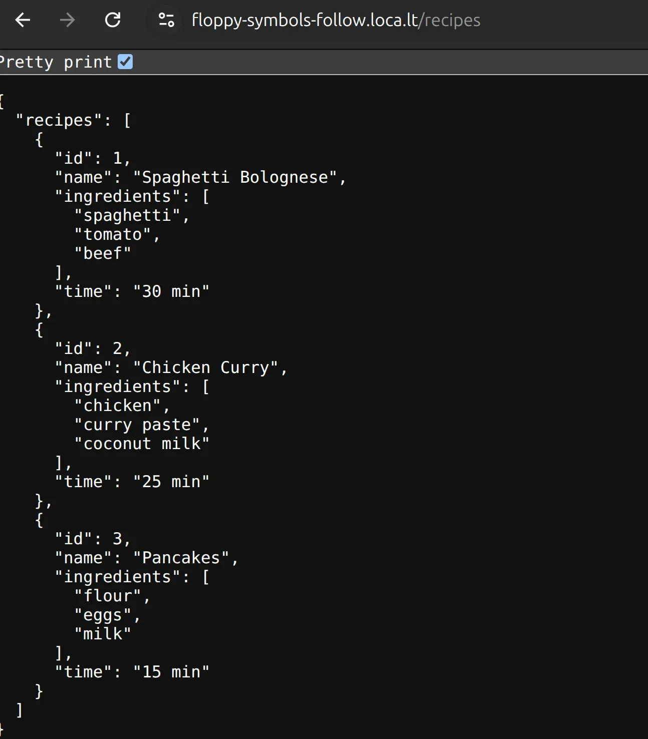 API running on LocalTunnel
