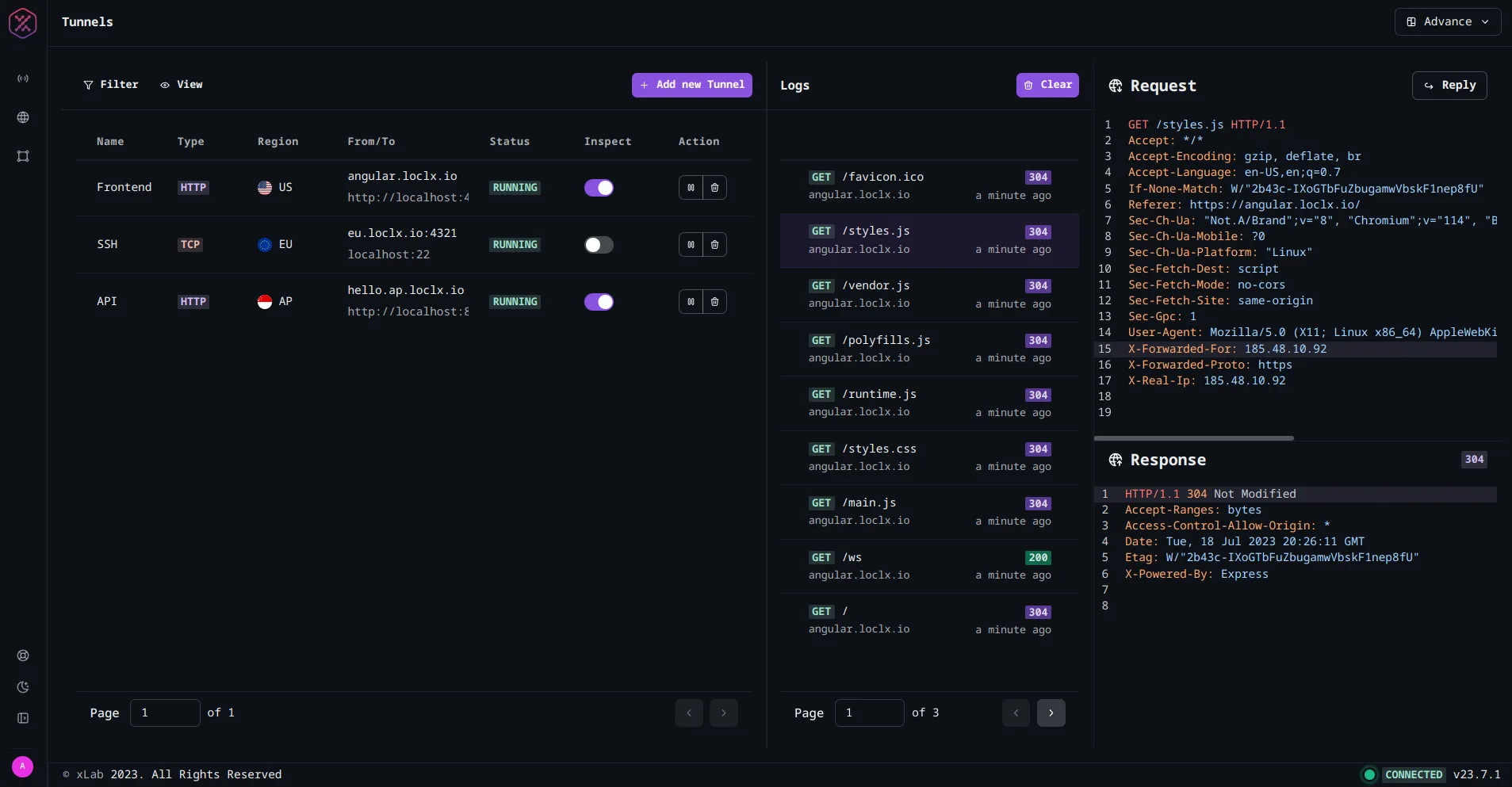 Actual screenshot of the LocalXpose tunneling GUI being used as an alternative to port forwarding, with tcp tunneling, http tunneling, and even ssh tunneling to localhost active on the same local machine.