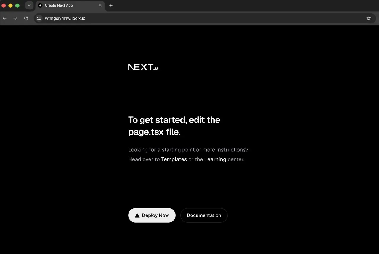 A localhost:3000 app served over a public LocalXpose HTTPS URL in the browser
