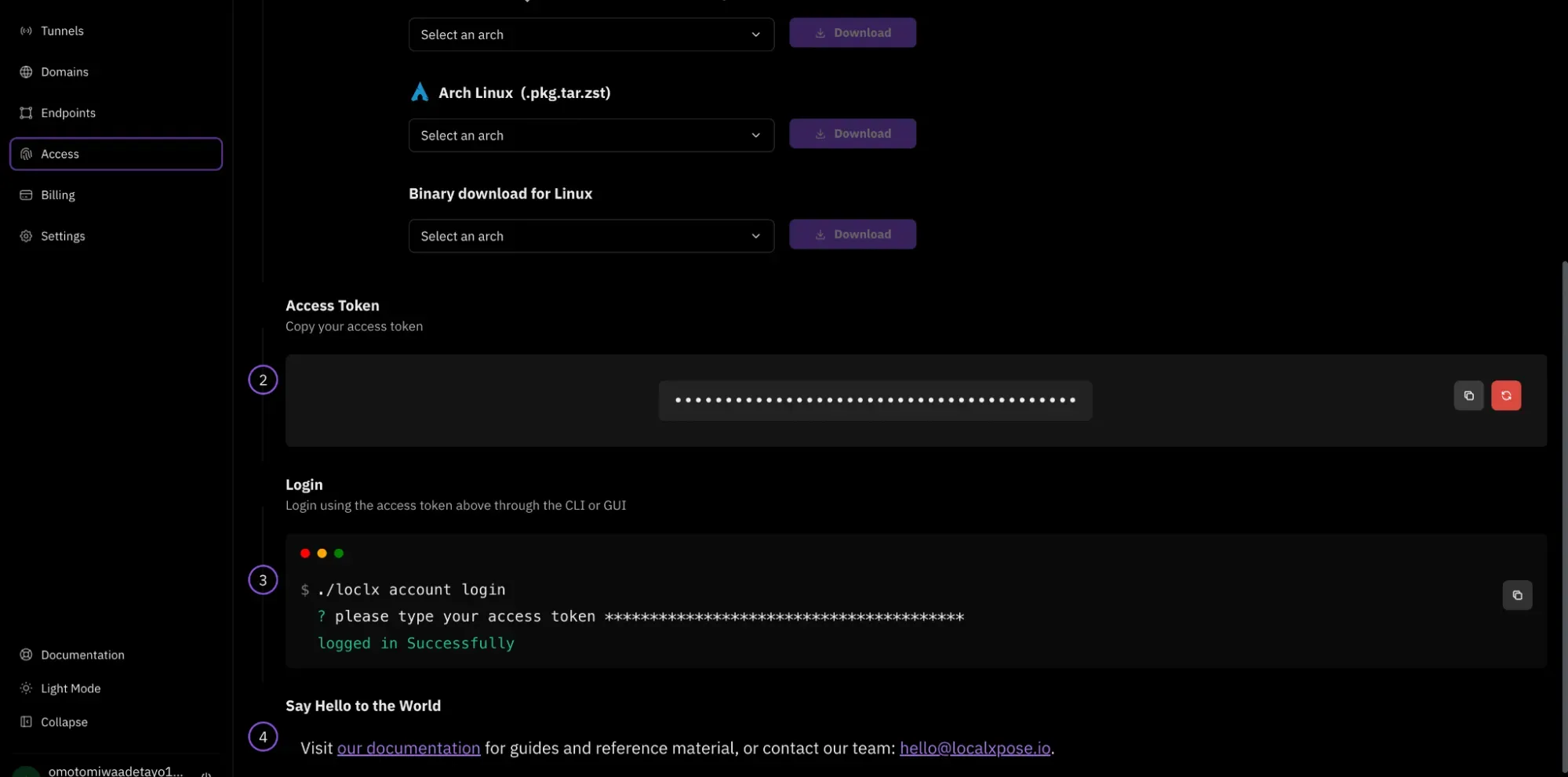 LocalXpose access token in dashboard
