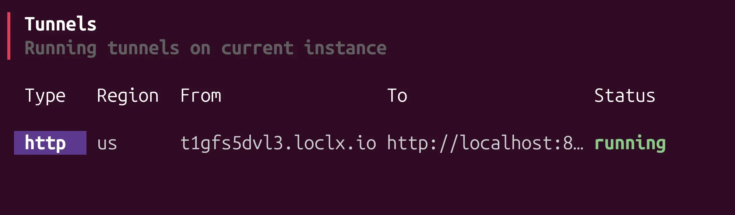 LocalXpose CLI showing active tunnel