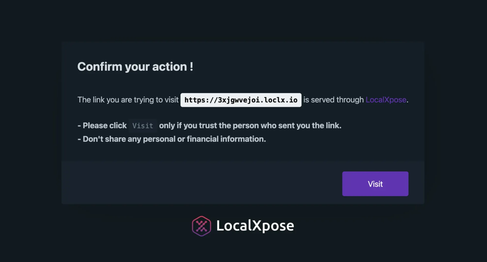 LocalXpose browser confirmation page