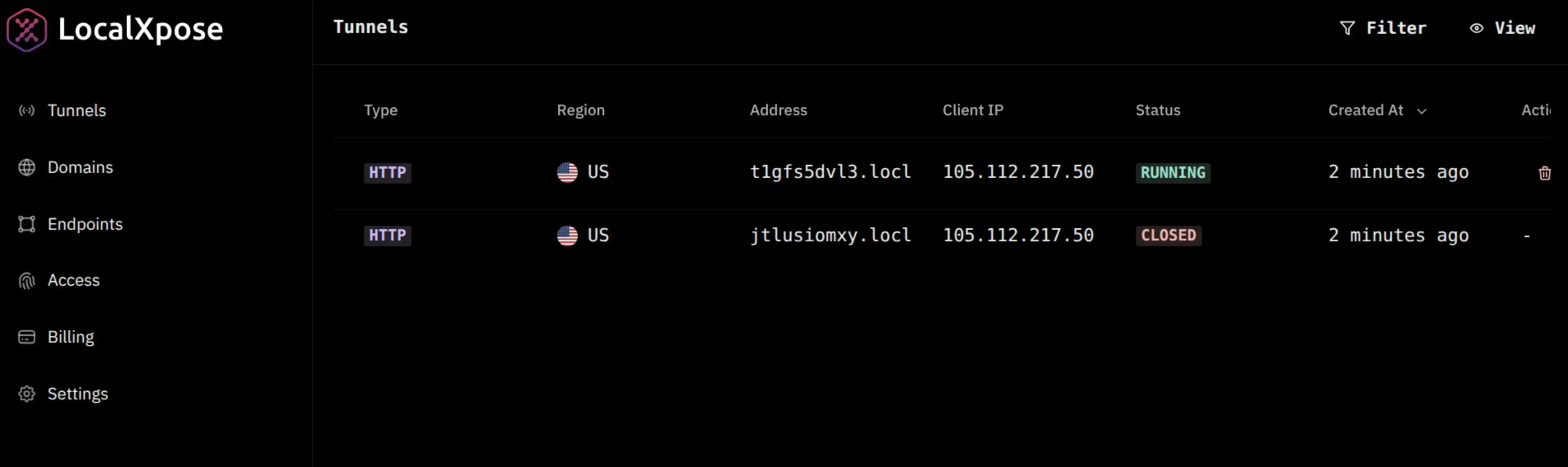 LocalXpose dashboard showing active tunnels