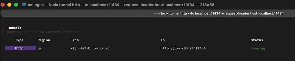 loclx HTTP tunnel running with the Host header rewritten to localhost:11434