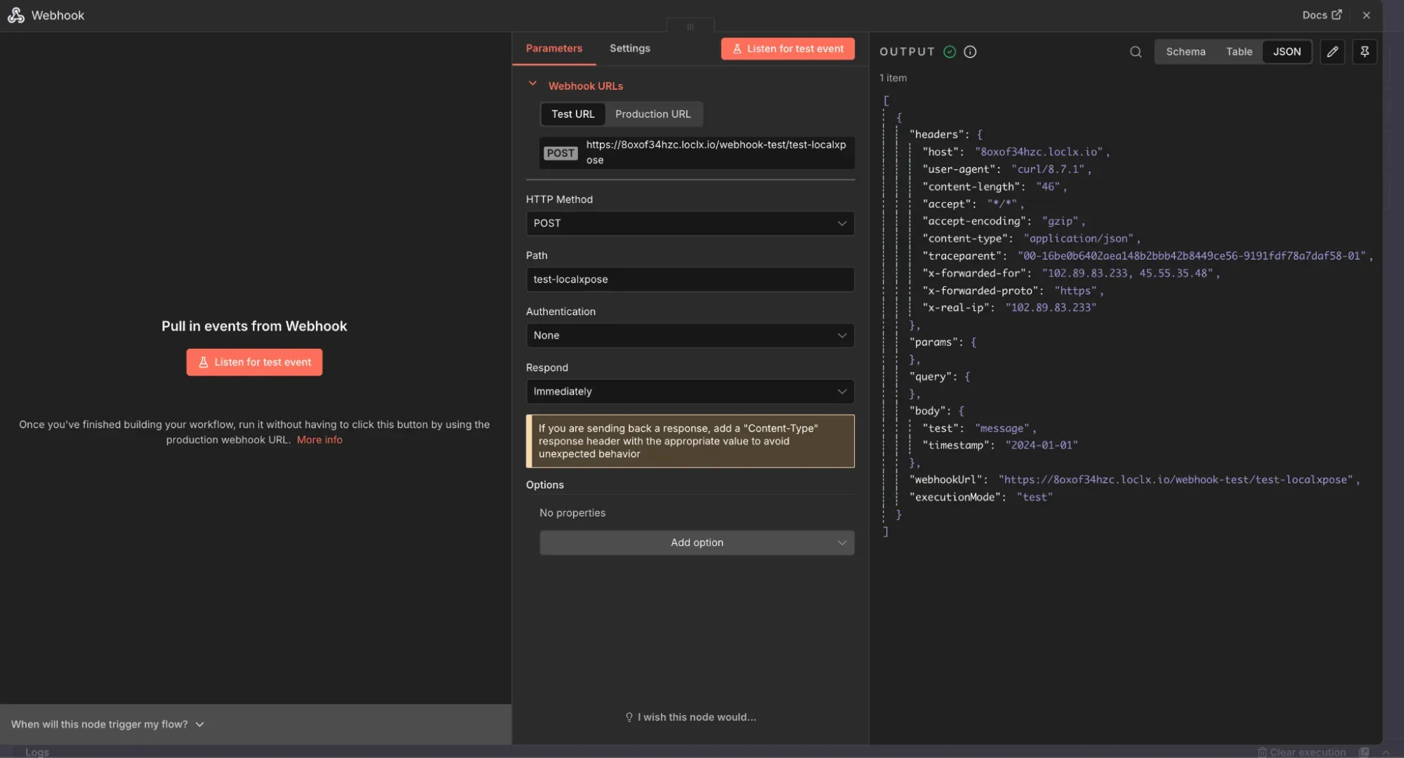 n8n execution showing webhook data received
