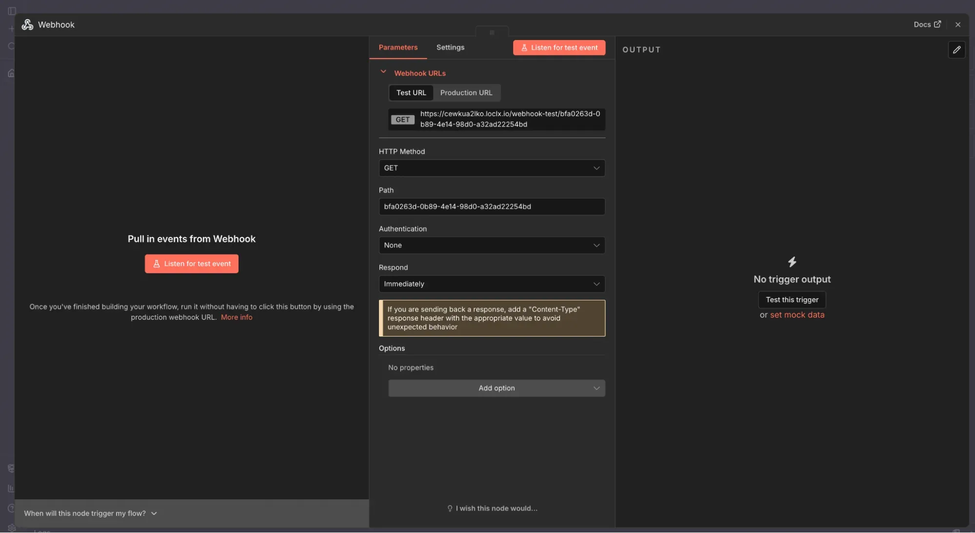 n8n webhook node showing LocalXpose URL