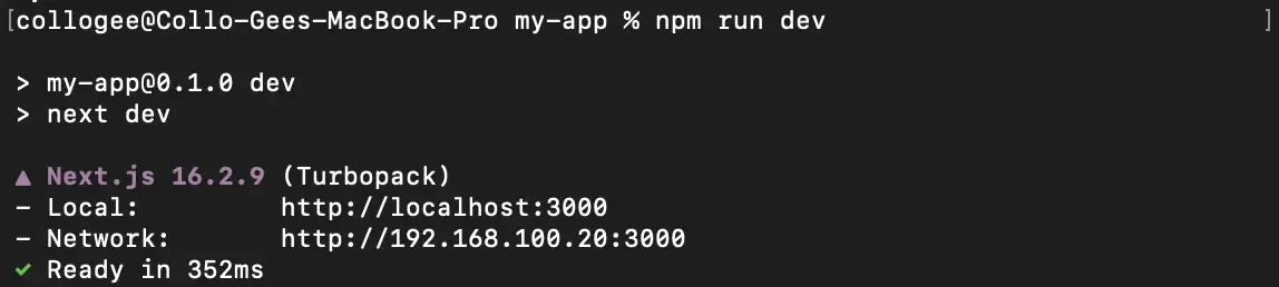 Terminal showing a Next.js dev server running on localhost:3000