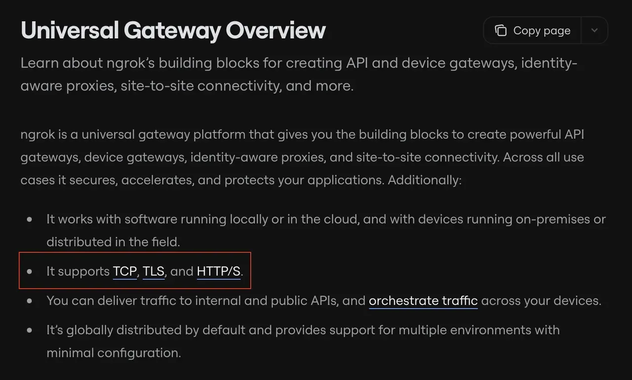 ngrok documentation showing no UDP support