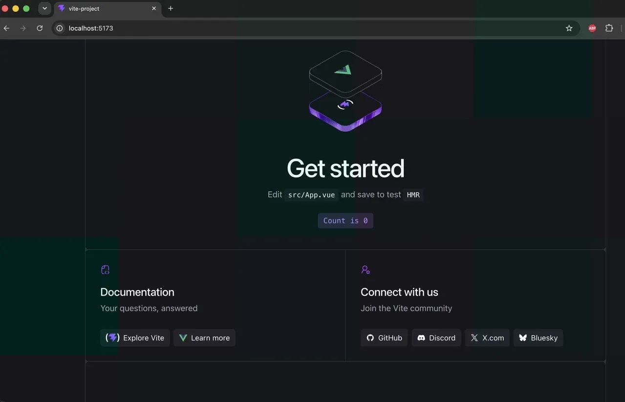 A scaffolded Vite app open in the browser at localhost:5173